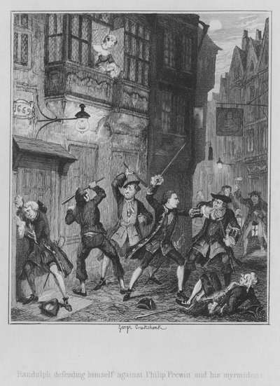 Randulph broniący się przed Philipem Frewinem i jego myrmidonami (grafika) autorstwa George (after) Cruikshank