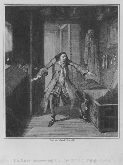 Skąpiec odkrywający utratę pieniędzy hipotecznych (grawerunek) autorstwa George (after) Cruikshank