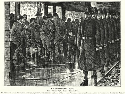 Karykatura „Punch”: A Sympathetic Soul – pilnowanie londyńskich slumsów (grafika) autorstwa George (after) Du Maurier