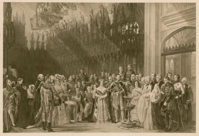 Chrzest księcia Walii, przyszłego króla Edwarda VII, kaplica św. Jerzego, zamek Windsor, 24 stycznia 1842 r. (fotograwiura) autorstwa George (after) Hayter