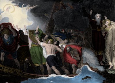Prospero i Miranda, tak, stoją na wyspie, gdy marynarze rozbijają się autorstwa George (after) Romney