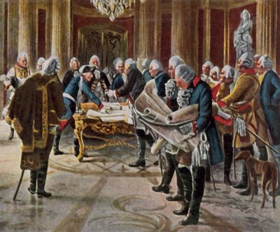 Fryderyk Wielki odbywa naradę wojenną ze swoimi generałami, sierpień 1756 r. (powiększona kolorowa litografia) autorstwa George (after) Schobel