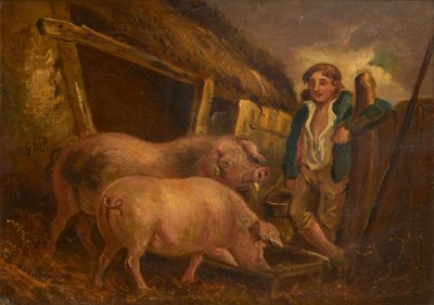 Opieka nad nagrodami świń (olej na pokładzie) autorstwa George (follower of) Morland