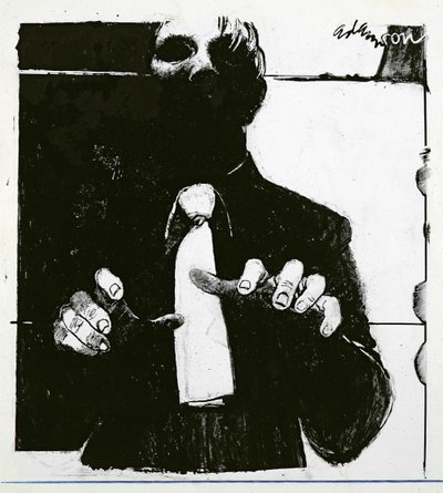 Ilustracja dla Pielęgniarstwa Niewidomego Pacjenta artykuł w Nursing Times, opublikowany 30 października 1975 r. (tusz na octanie) autorstwa George Adamson