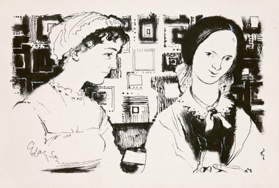 Jane Austen (1775-1817) i Charlotte Bronte (1816-55) - wyimaginowane spotkanie (indyjski atrament na pokładzie) autorstwa George Adamson