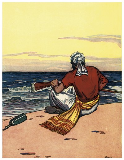 Pirat porzucający się na bezludną wyspę spogląda na linię horyzontu Ilustracja z „The Boys Books of Pirates” George