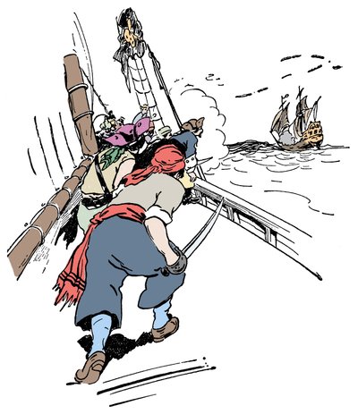 Statek piracki goniący statek Ilustracja z „Księgi piratów i wielkich łazików dla chłopca” George