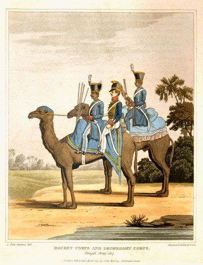 Korpus rakietowy i korpus dromaderów, armia bengalska 1817, z „Dziennika szlaku przez Indie i przez Egipt”, grawerowane przez R. Havell and Son, wyd. przez Johna Murraya, 1819 autorstwa George Augustus Fitzclarence
