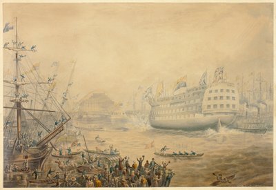 Wodowanie statku „Trafalgar” autorstwa George Baxter