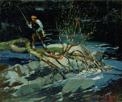 Łowienie pstrąga (olej na płótnie) autorstwa George Benjamin Luks