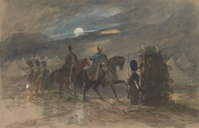 Obóz w Chobham, 1853 z oficerami i wartownikiem autorstwa George Bryant Campion