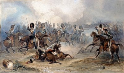 Kapitan Norman Ramsay, Królewska Artyleria Konna, galopując swoje oddziały przez armię francuską do bezpieczeństwa w bitwie pod Fuentes de Onoro, 1811 autorstwa George Bryant Campion