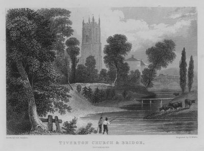 Kościół i most Tiverton, Devonshire (grawerowanie) autorstwa George Bryant Campion