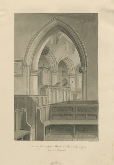 Lichfield - Wnętrze kościoła św. Michała: rysunek w sepii autorstwa George Buckler