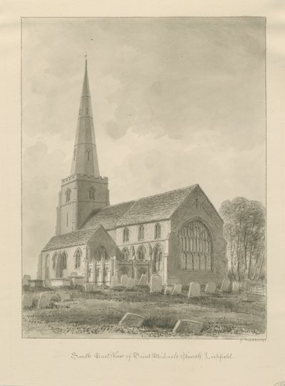 Lichfield - Kościół św. Michała: rysunek w sepii autorstwa George Buckler