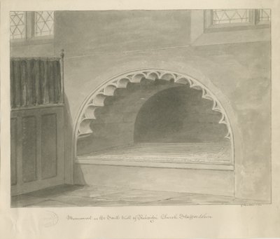 Kościół w Penkridge – pomnik na ścianie południowej: rysunek w sepii, 1841 r. autorstwa George Buckler
