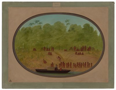 Wioska Omagua - szkic łodzi autorstwa George Catlin
