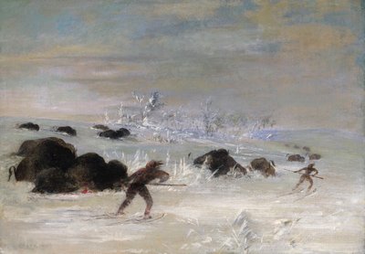 Indianie Assiniboine ścigający bizony na rakietach śnieżnych autorstwa George Catlin