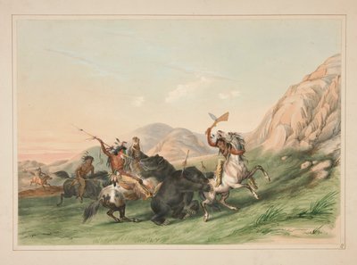 Atak niedźwiedzia grizzly, pl. 19 z portfolio Indian Ameryki Północnej autorstwa George Catlin