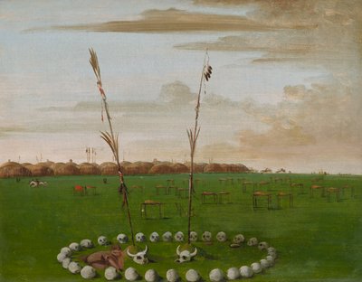 Widok z tyłu wioski Mandan, ukazujący cmentarz autorstwa George Catlin