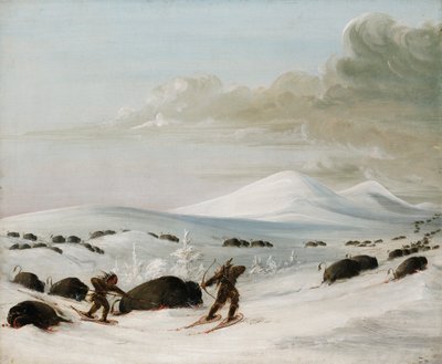 Pościg za bizonem w zaspach śnieżnych, Indianie na rakietach śnieżnych autorstwa George Catlin