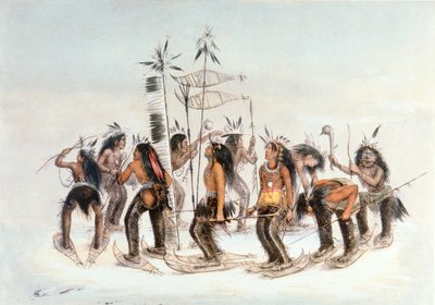 Chippewa Snowshoe Dance, ok.1835 (akwarela na papierze) autorstwa George Catlin