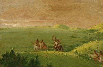 Partia Wojenna Komanczów, wódz odkrywający wroga i ponaglający swoich ludzi o wschodzie słońca, 1834-1835. autorstwa George Catlin