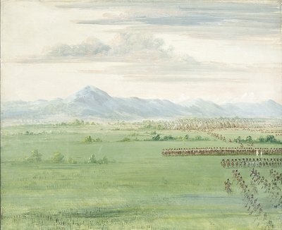 Wojownicy Komanczów z białą flagą przyjmujący dragonów autorstwa George Catlin