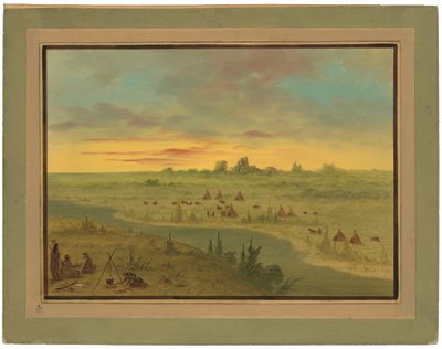 Obozowisko Indian Pawnee o zachodzie słońca autorstwa George Catlin