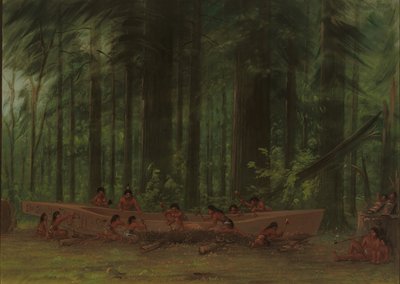 Wykopywanie kajaka - Indianie Nayas, 18551869. autorstwa George Catlin