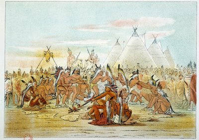 Indianie Ameryki: plemię Assiniboin przypominające taniec na rurze Siuksów. Ilustracja George