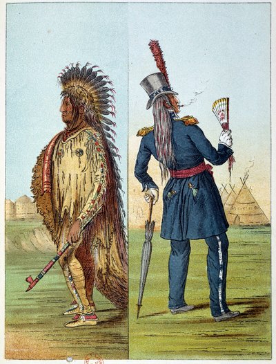 Indianie Ameryki: Indyjski weterynarz assiniboine w wojsku w kieszeniach dwie butelki whisky. Ilustracja George