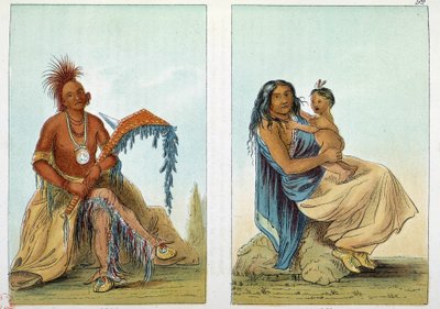 Indianie Ameryki: Portret przywódcy Osagów wzywa Clermonta z żoną i synem. Ilustracja George