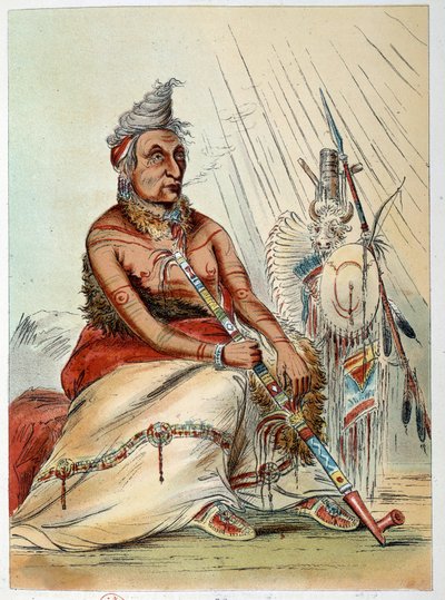 Indianie Ameryki: Portret starego indyjskiego kucharza palącego fajkę o nazwie The Black Mokasyna. Ilustracja George