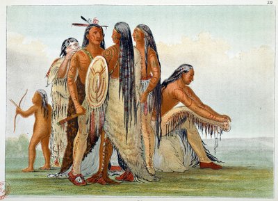 Indianie Ameryki. Mandanie: Wódz San Ja Ka Ko Kah (San-Ja-Ka-Ko-Kah) otacza swoją rodziną. Grawerowanie przez George