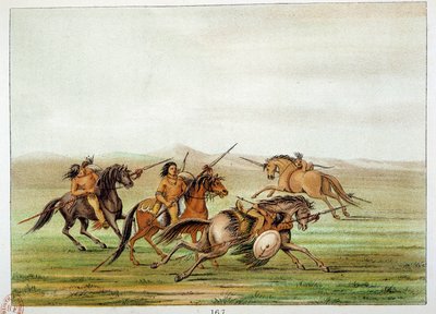 Indianie Ameryki: Dowódcy wojowników trenujący na koniach. Ilustracja George