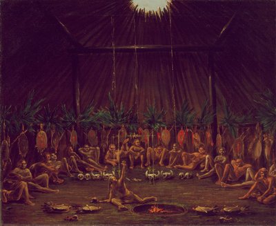Widok wnętrza Medicine Lodge, ceremonia Mandan O-kee-pa autorstwa George Catlin