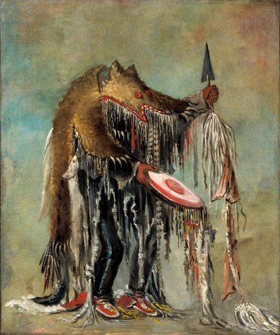 Medyk, wykonujący swoje misteria nad umierającym mężczyzną autorstwa George Catlin
