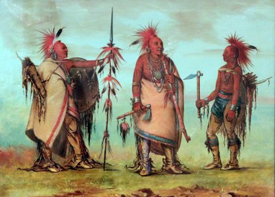 Osage: Tal-lee, Black Dog i Big Crow noszący płocie wykonane z farbowanej na czerwono sierści jelenia autorstwa George Catlin
