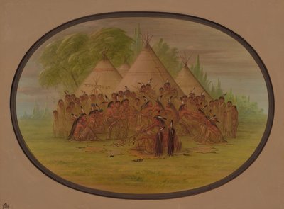 Taniec na rurze - Assinneboine, 18611869. autorstwa George Catlin