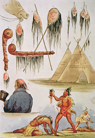 Skalpowanie i dekoracyjne zastosowanie skóry głowy (akwarela na papierze) autorstwa George Catlin