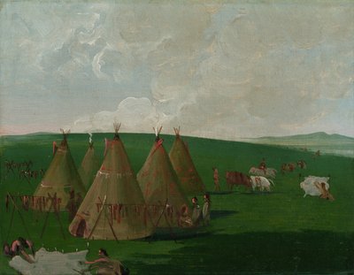 Siuksowie obozujący w Upper Missouri, ubierający mięso i szaty bizonów autorstwa George Catlin