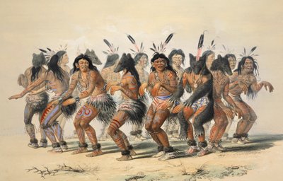 Szczegóły Tańca Niedźwiedzia, wyd. 1845 kolorowa litografia. autorstwa George Catlin