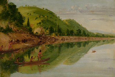 Widok na rzekę Świętego Piotra, Indianie Siuksów ścigają jelenia w swoich kajakach, 1836-1837. autorstwa George Catlin