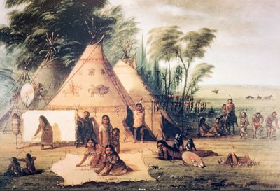 Wioska północnoamerykańskiego plemienia Siuksów (kolor lito) autorstwa George Catlin