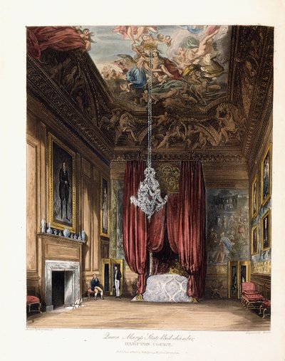 Stanowa sypialnia królowej Marii, Hampton Court, 1819 r. autorstwa George Cattermole