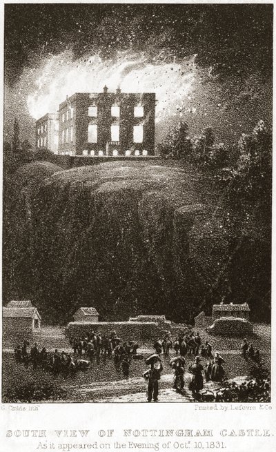 Zamek Nottingham w płomieniach, widok od południa, 1831 autorstwa George Childs