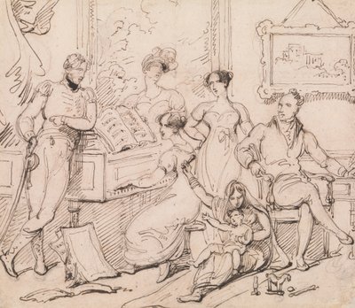 Grupa rodzinna wokół fortepianu autorstwa George Chinnery
