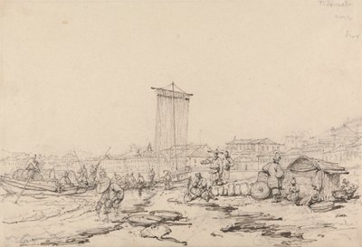 Brzegowa scena z rybakami i budynkami, Macao autorstwa George Chinnery