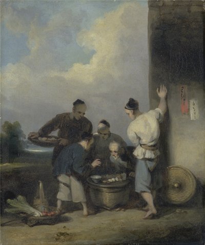 Kulisy wokół straganu z jedzeniem, po 1825 (olej na płótnie) autorstwa George Chinnery